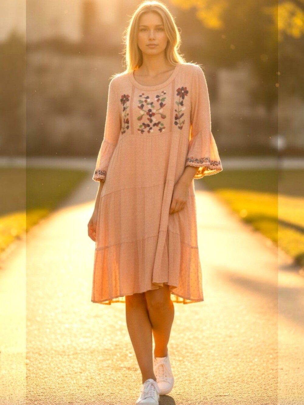 ORANGE CREEK Peach Clip Dot Floral Embroidery Peasant Dress Round Neck Pckts LG